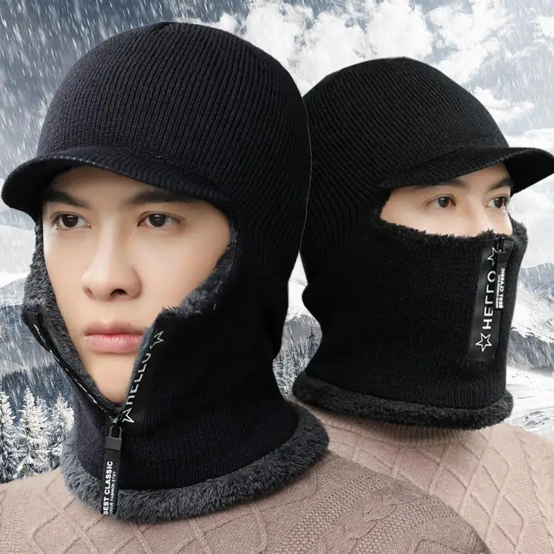 

Hot Men Winter Knitted Hat With Zipper New Add Fur Lined Warm Brim Winter Hats For Men Keep Face Ear Warm Balaclava Cap