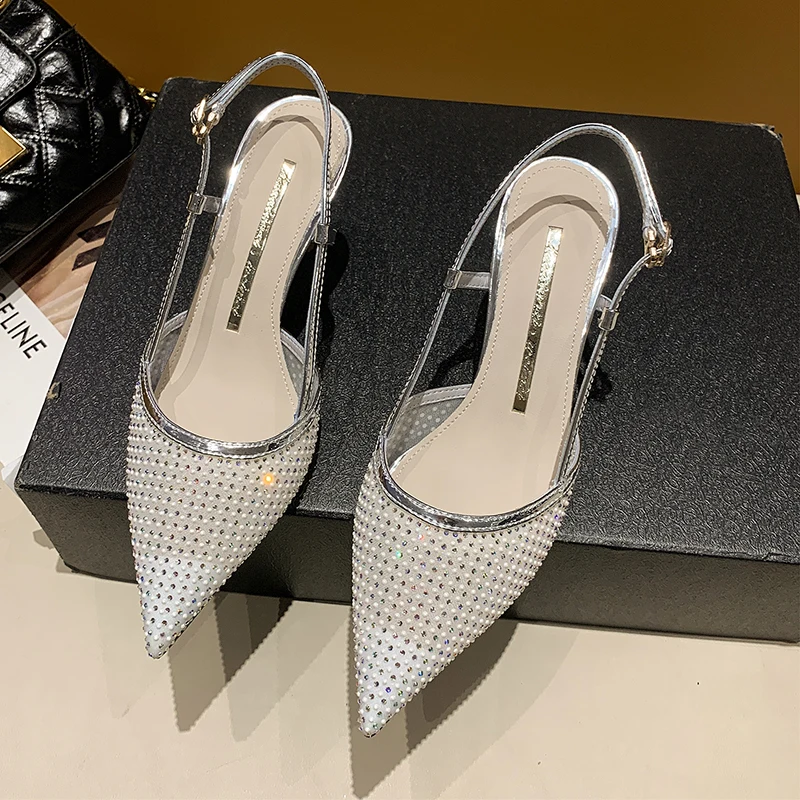 

Sandals women's summer stiletto heels 2021 new mesh high heels female pointed toe rhinestone fairy word belt women's shoes