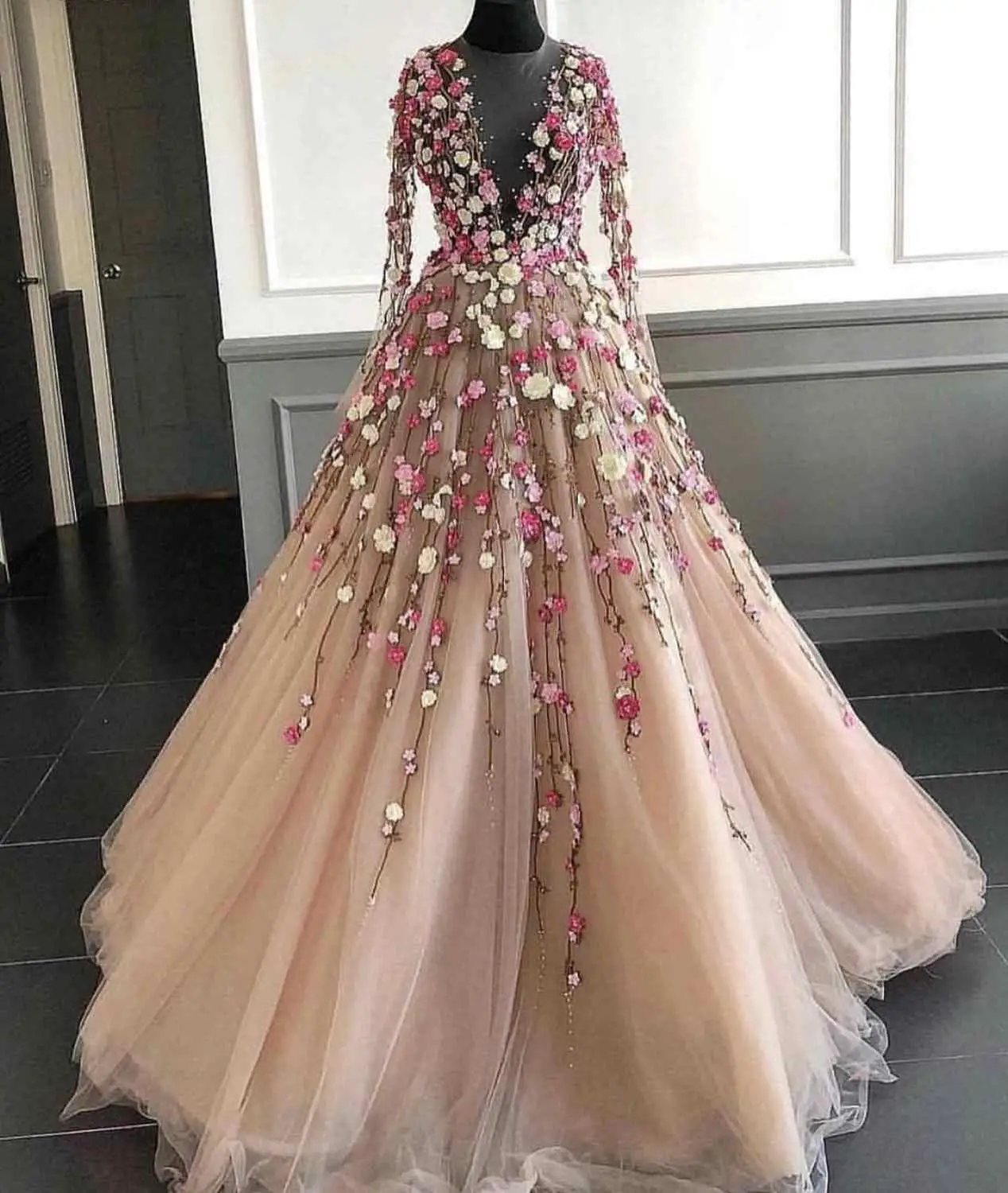 

Вечерние платья цвета шампанского, с пышными рукавами, цветные, с 3D цветами, трапециевидного силуэта, фатиновые платья для выпускного вечер...