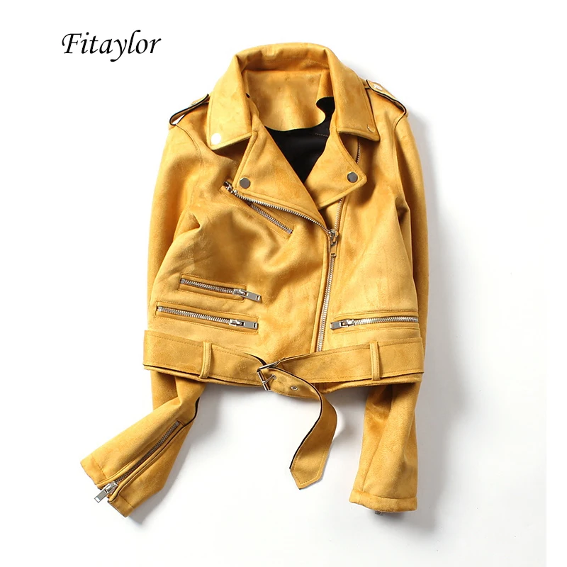 Куртка женская Байкерская из искусственной замши черная розовая желтая|Кожаные