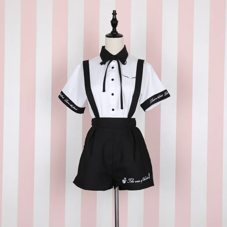 

Rose Embroidery Cute Summer Women's Set: White Short Sleeve Blouse Shirt + Jumper Shorts / Suspender Mini Skirt
