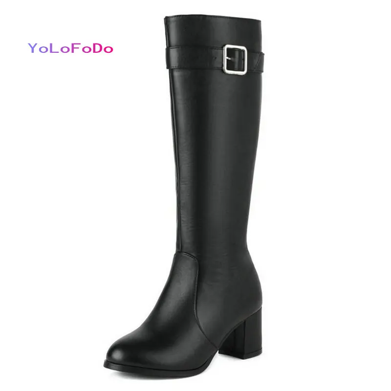 

2021 Autumn Winte Rwomen Knee High Boots Comfortable Square High Heel Round Toe Ladies Calf Boots PU Leather Buckle Women's Boot
