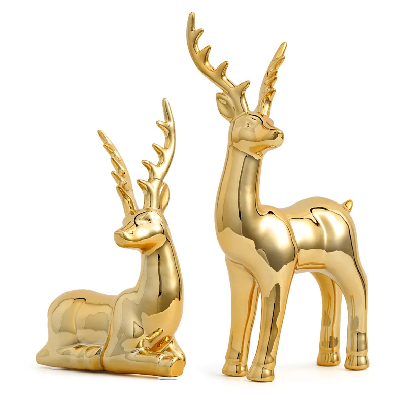 

2Pcs/set Plating Ceramics Golden Deer Arts Sculpture Animals Statue Ceramics Crafts Decorations For Home Wedding Gift R3592