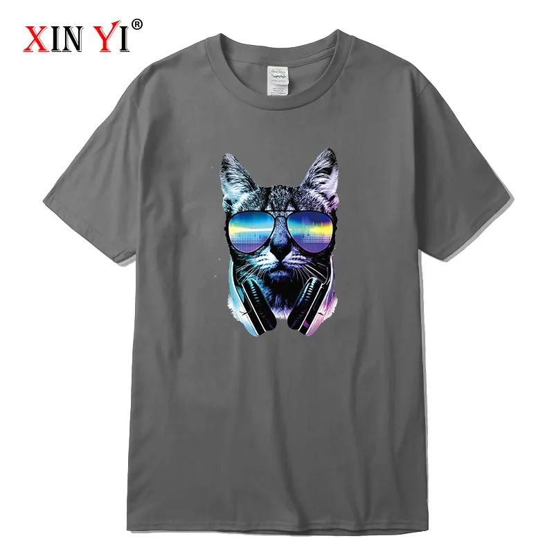 XIN YI Men's T-shirt High Quality 100% Cotton Short Sleeve T-Shirt DJ cat printing o-neck t-shirt casual hip hop for men | Мужская