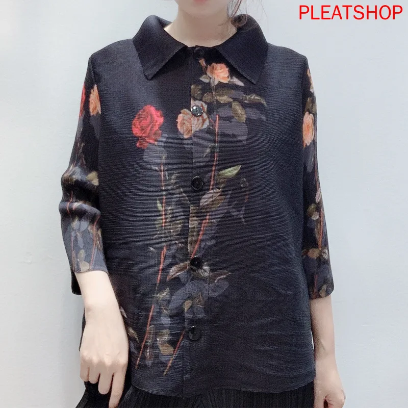 

MIYAKE Pleated Autumn New Printed Turn-down Collar Coat Women's Outdoor Cardigan Top Noble Oversized Shirt One Piece