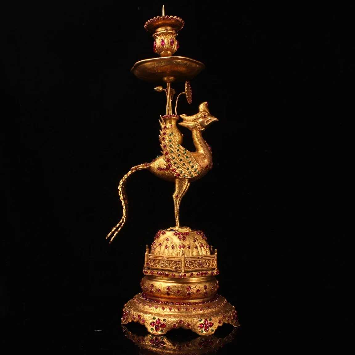 

24" Tibet temple collection Old Bronze Gilt Real gold mosaic Gem Phoenix statue Wax table Oil lamp Buddha lamp Town House
