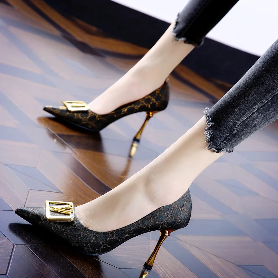 

European and American high-heeled sandals summer new stiletto single shoes female high-heeled metal buckle fashion women's shoes