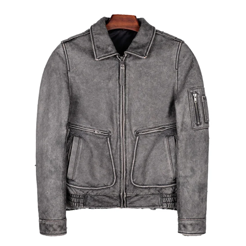 

Мужская кожаная куртка, приталенная куртка из натуральной воловьей кожи, винтажная серая куртка в стиле милитари, модель 2021 4XL, для осени, ра...