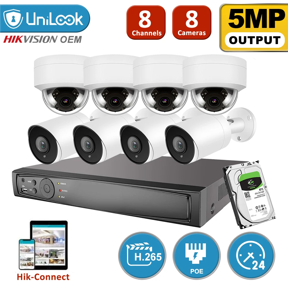 

UniLook 8CH NVR 8Pcs 5MP Bullet Dome Mixed POE IP Camera NVR Kit Security System Night Vision Motion Detection H.265 P2P