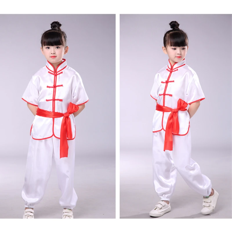 White Short Set 100-180 см, детский костюм для ушу, Китайская традиционная короткая и полная форма Tai Chi, детские шелковые костюмы для кунг-фу, костюм для выступлений в стиле Тан - Цвет: White Short Set