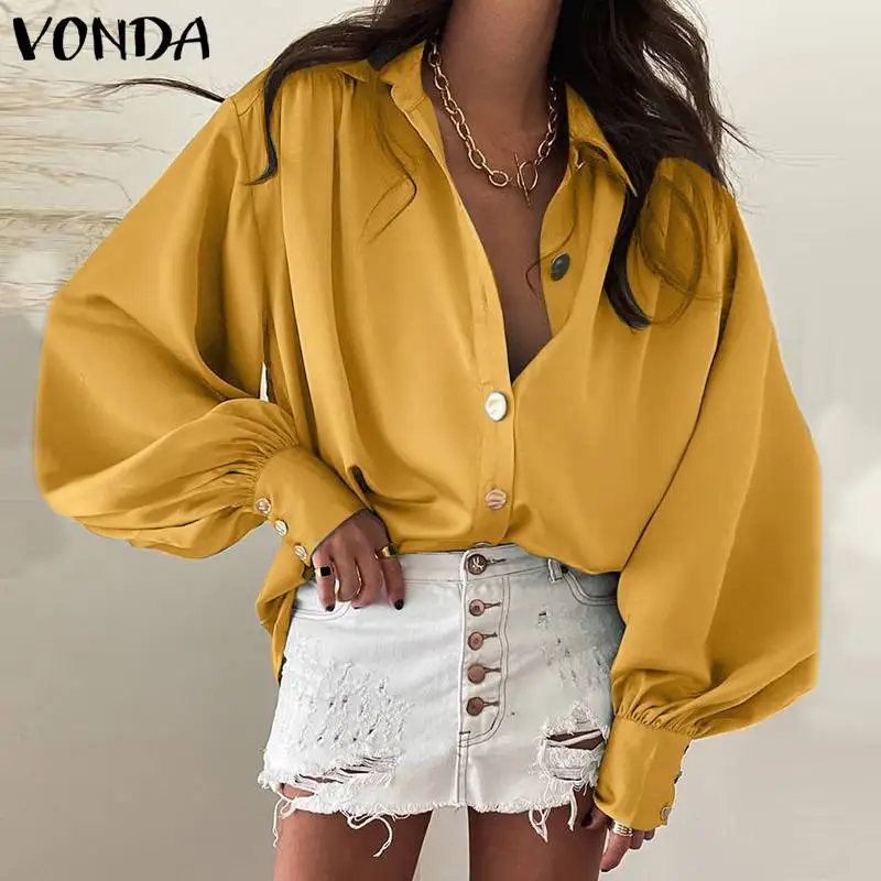 

Women Shirts VONDA 2021 Casual Lapel Button Up OL Office Shirts Bohemian Blusas Femininas Baggy Long Sleeved Solid Color Tops