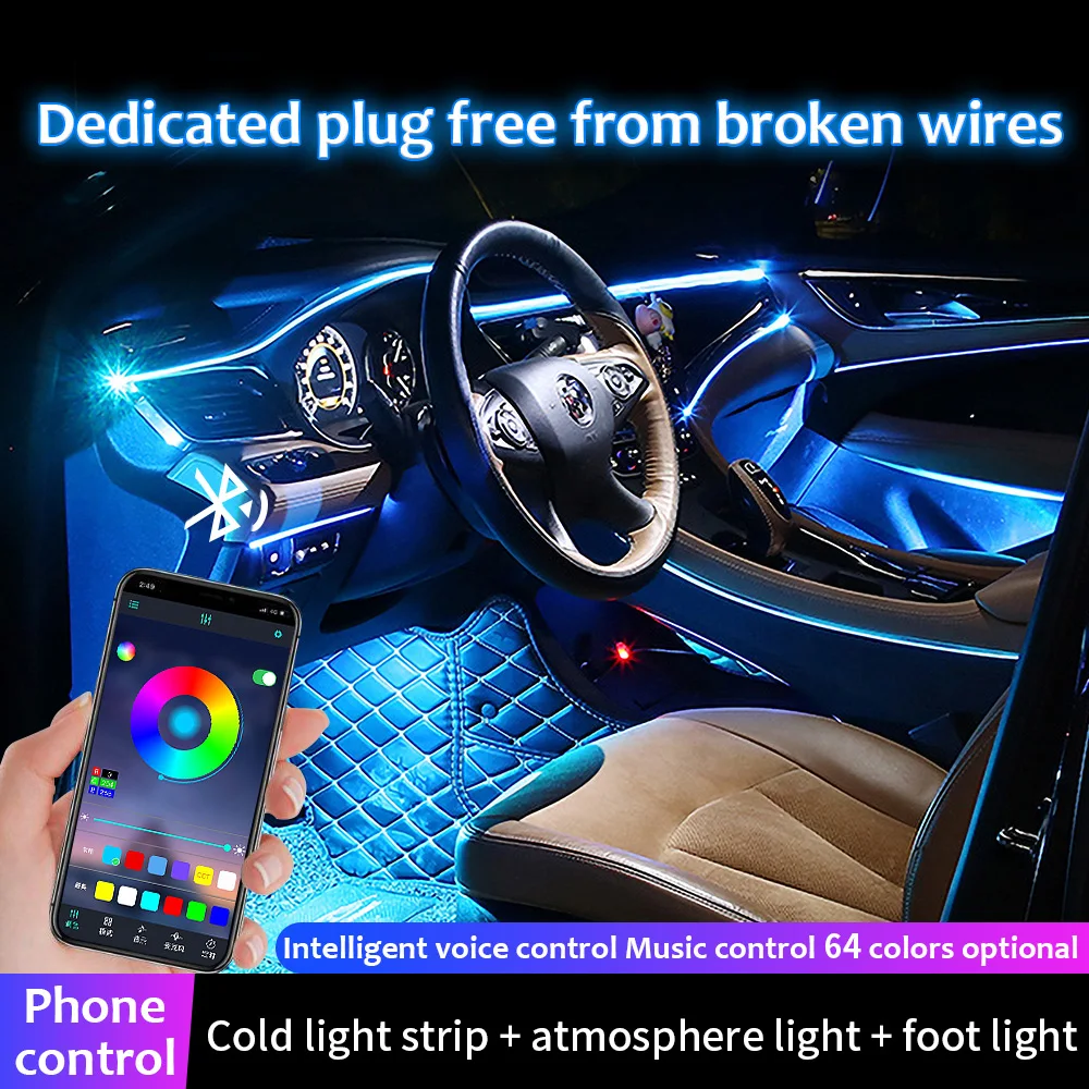 universal 10 in 1 rgb ambient led with 8m car interior decor fiber optical strip light by app control 12v decorative atmosphere free global shipping