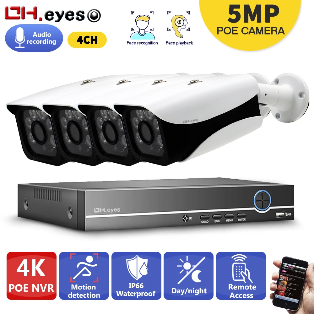

4CH 4K 8MP 5MP POE NVR Kit CCTV Security System 5MP IP66 Waterproof Audio Outdoor IP Camera Plug&Play Video Surveillance Set
