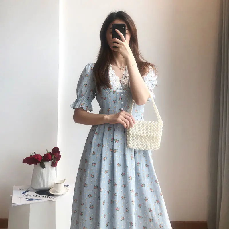 

2021 plus size Vintage Floral Dress Women Elegant Lace Chiffon Party Dress Puff Sleeve V Neck Midi Dress Fall Dresses for Women