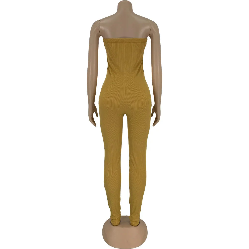 

Plus Size Rib Knit Sexy Fitness Bodysuit For Women Off Shoulder Sleeveless Bandage Jumpsuit Elegant Strapless Backless Jumpsuits