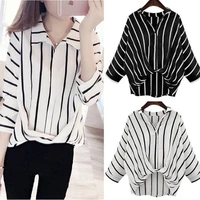 chiffon shirt women korean loose womens three quarter sleeve fashion shirt black white striped chiffon shirt womens blouses