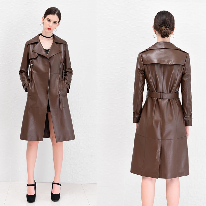 Женский тренчкот из натуральной кожи элегантная приталенная куртка овчины в