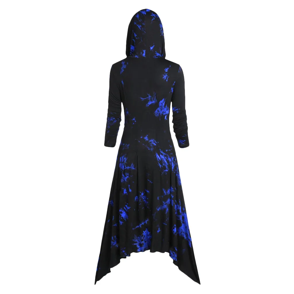 

Women DressTie-Dye Print Quarter Button Hooded Asymmetric Gothic Maxi Dress
