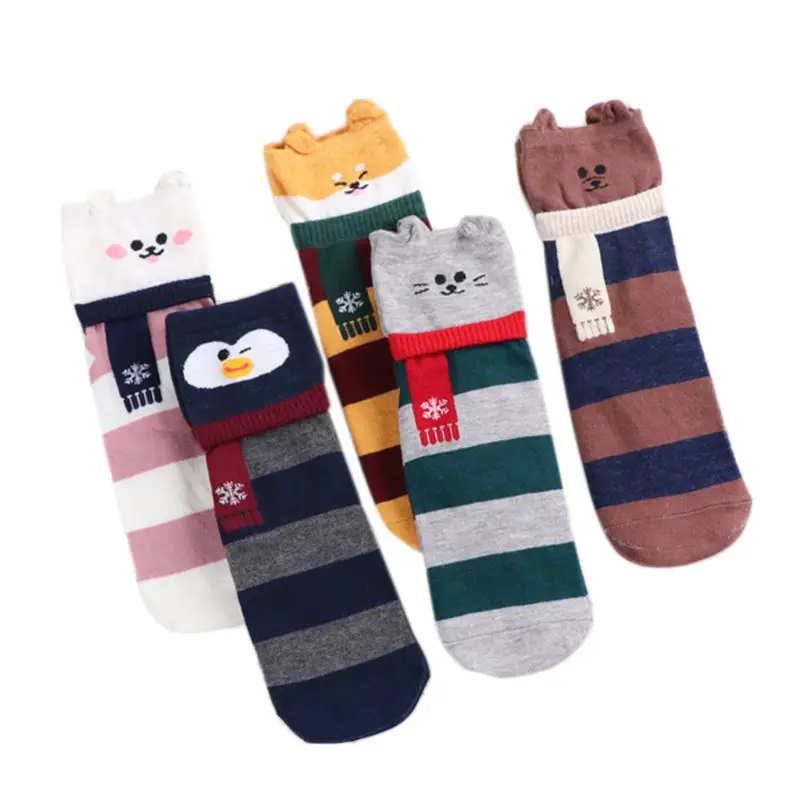 

5 Pairs Women Kawaii 3D Ears Cartoon Animal Dog Rabbit Bear Striped Socks Gift