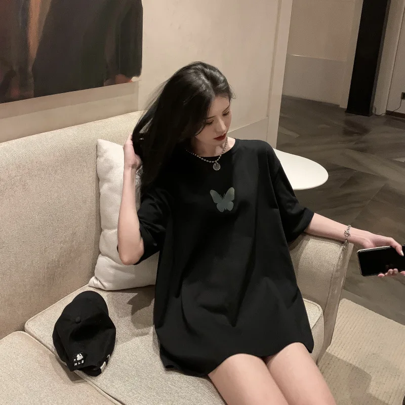 

Korean Style Reflective Butterfly Print White Short-sleeved T-shirt Women Loose O Neck Top Summer 2021 New Ins Harajuku Shirts