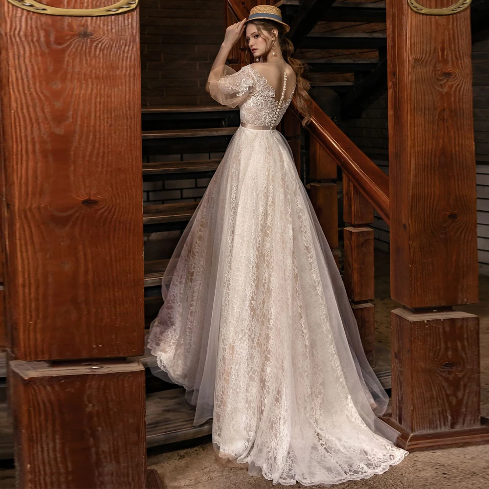 

Vestidos Elegant Wedding Dresses Tulles Appliques Sashes Lace V-Neck Half Sleeve Covered Button Ball Bridal Gowns