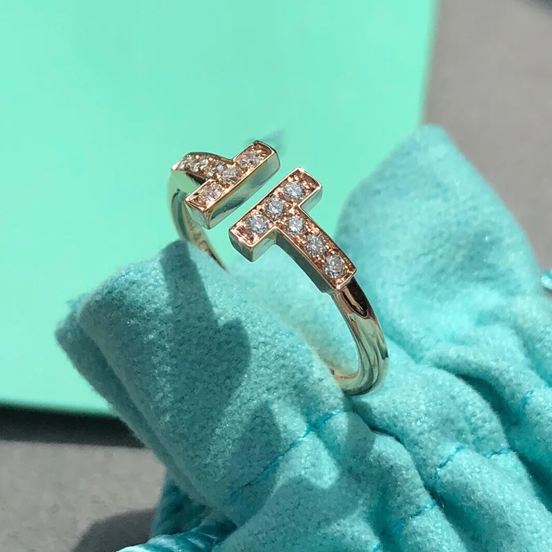 

Simple temperament opening adjustable ring with diamond double T women index finger ring engagement proposal jewelry luxury gift