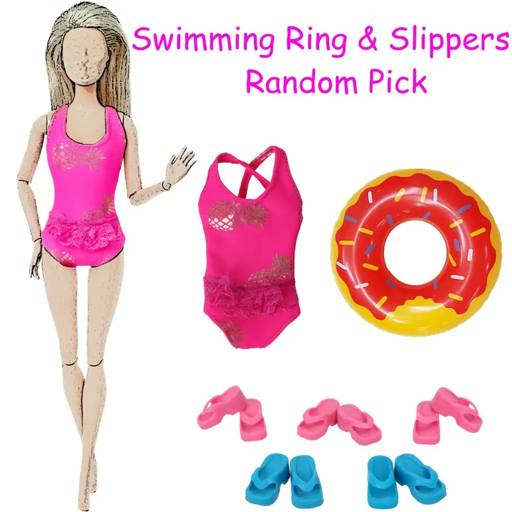7 шт./лот = 1 шт. красный купальник + случайный кольцо для плавания 5 цветные тапочки