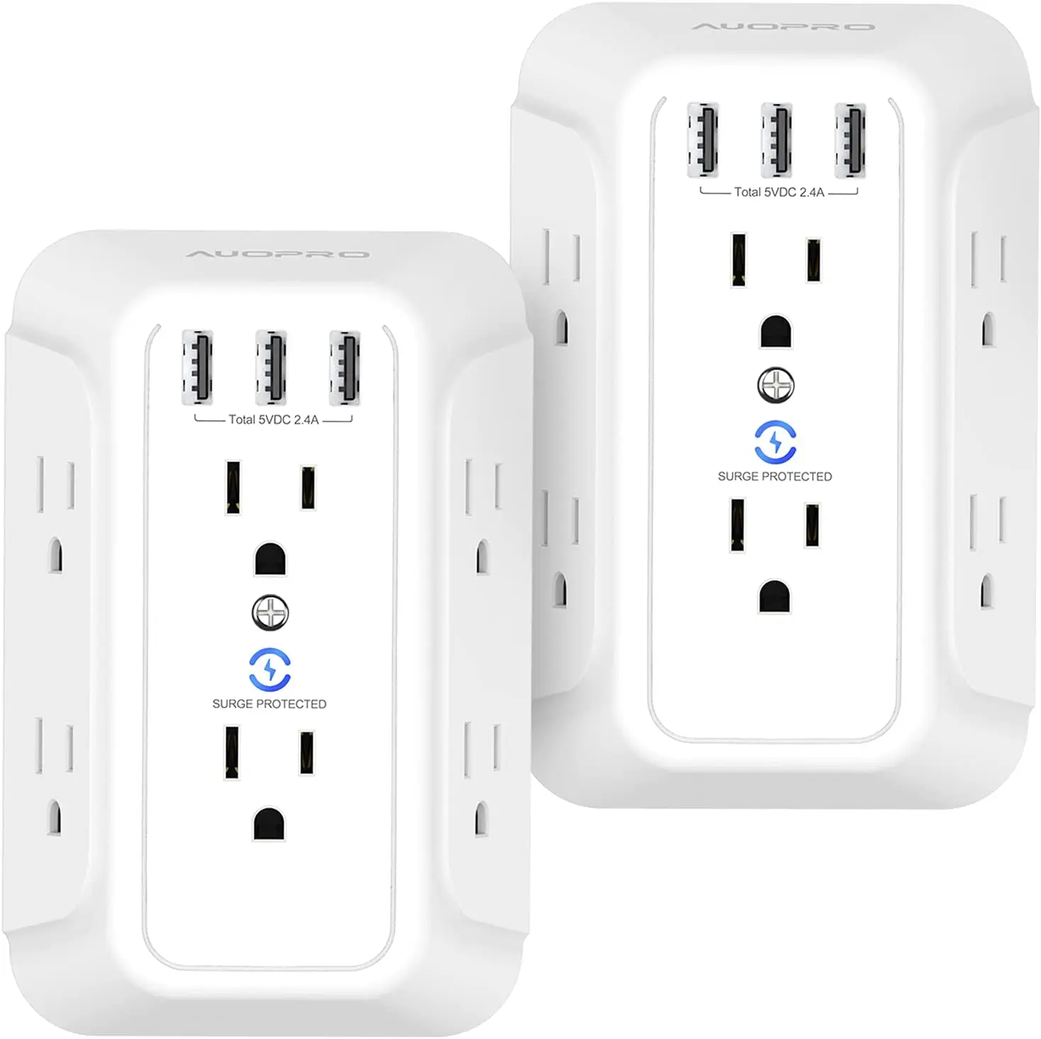 

USB Wall Charger 2 Packs,Surge Protector,AUOPRO 6-Outlet Multi Plug Wall Outlet with 3 USB Charging Ports (2.4A Total),3-Sided
