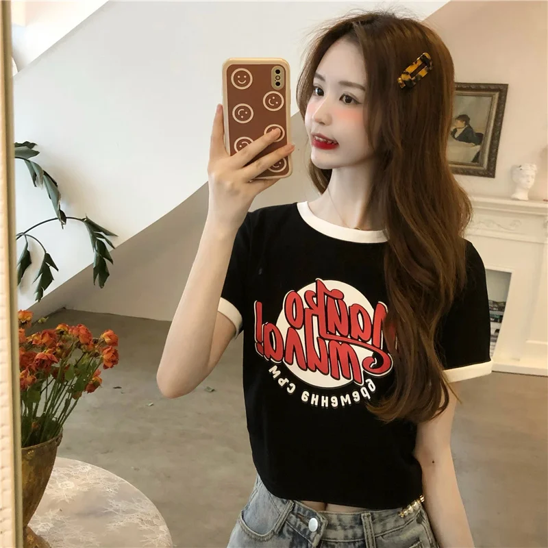 

YTX998 Summer 2021 new hot girl design niche high-waist navel short black short-sleeved T-shirt women