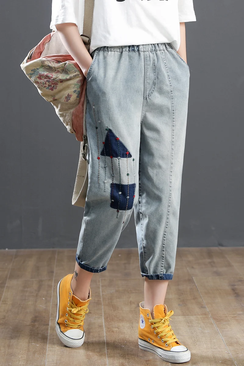 

2021 Summer Thin Patch Denim Cropped Pants Women's Geometric Embroidery Stitching Light Color Cropped Harem Pants