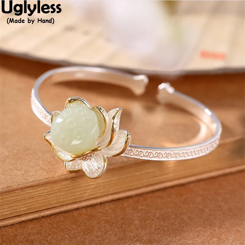

Uglyless Handmade Blooming Lotus Flower Bangles for Women Real 925 Silver Natural Jade Lotus Bangle Ethnic Vintage Dress Jewelry