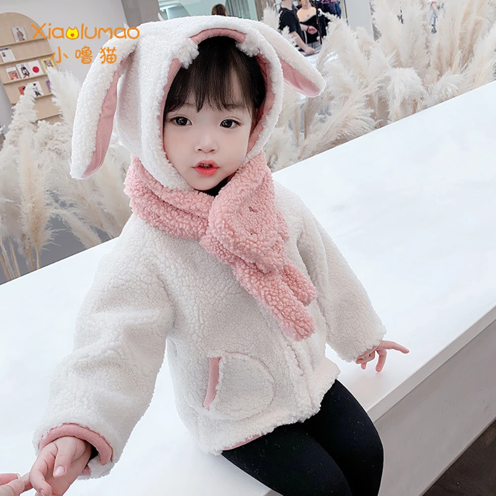 

XIAOLUMAO 2PCS Girls Coat Fleece Winter Jacket Plus Velvet Kids Overcoat Baby Scraf Warm Children's Clothes For Girl 2 To 7 year