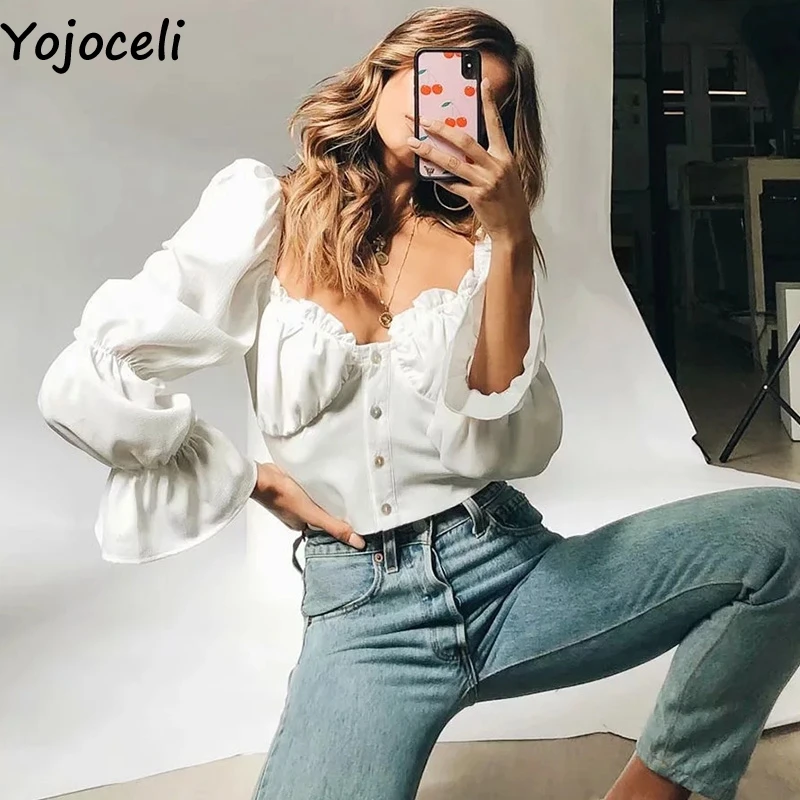 Yojoceli элегантная белая блузка с открытыми плечами и рюшами Женская Осенняя