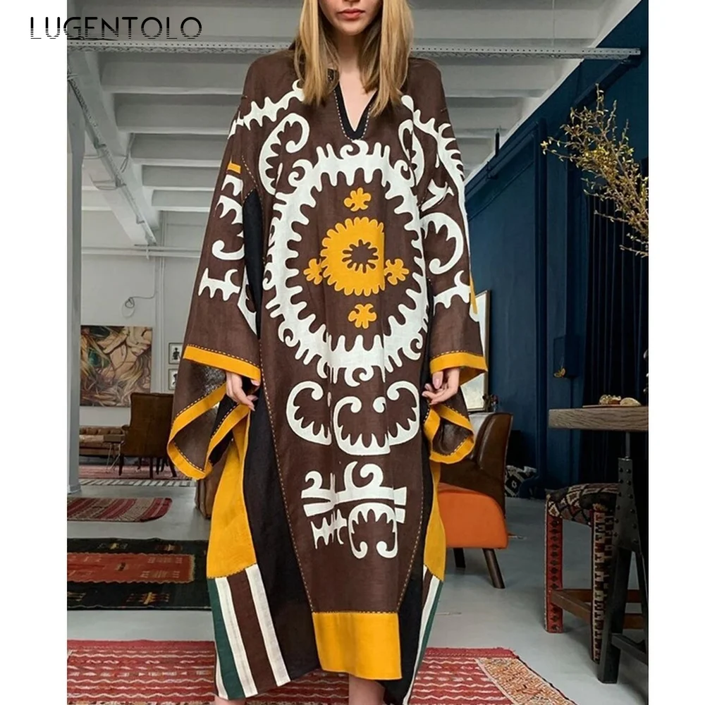 

Lugentolo Long Dress Women Loose Full Sleeve V-Neck Summer Casual Fashion Big Swing Print Ankle-Length Womens Dresses