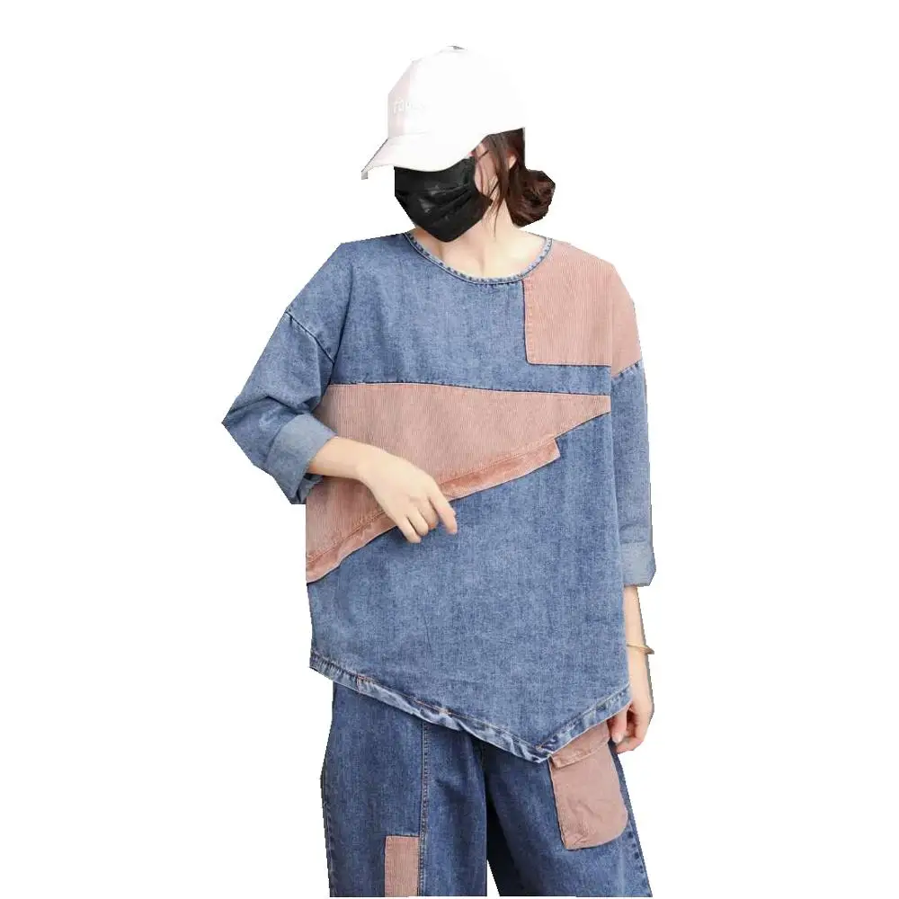 Женский джинсовый пуловер с круглым вырезом свободная повседневная футболка в