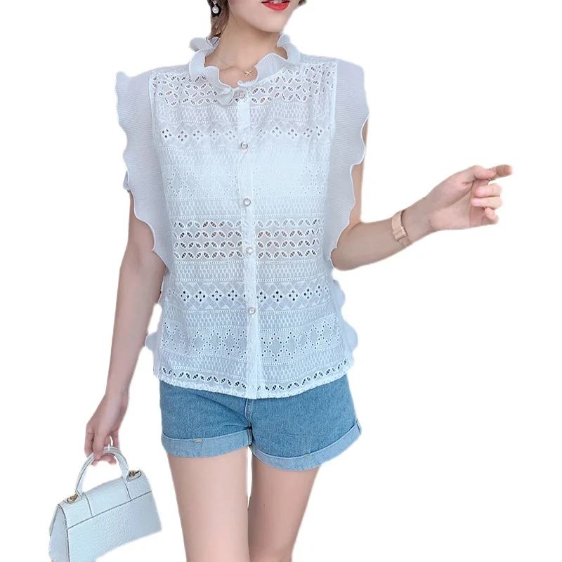 

Korean Elegant Ruffled Collar Causal Hollow Tops Summer Sleeveless White Lace Shirts New Plus Size Clothing Women Blouses 13918