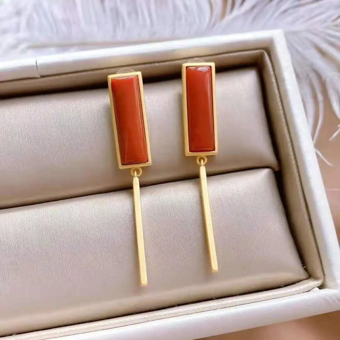 

New silver inlaid natural South Red chalcedony Rectangular Earrings Chinese style retro geometric elegant charm women's jewelry