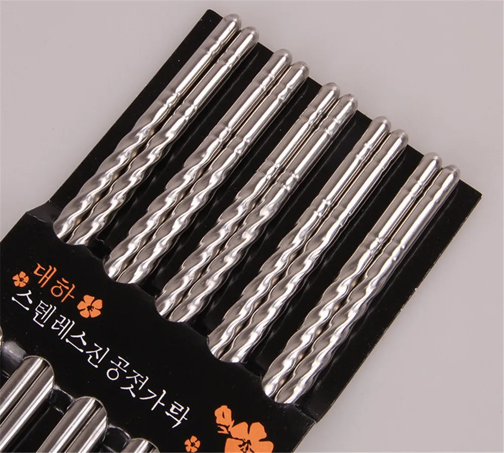 

5 Pairs Stainless Steel Square Chopsticks Korean Chinese Healthy Light Weight Chinese Chopsticks Metal Non-slip Design Kitchen