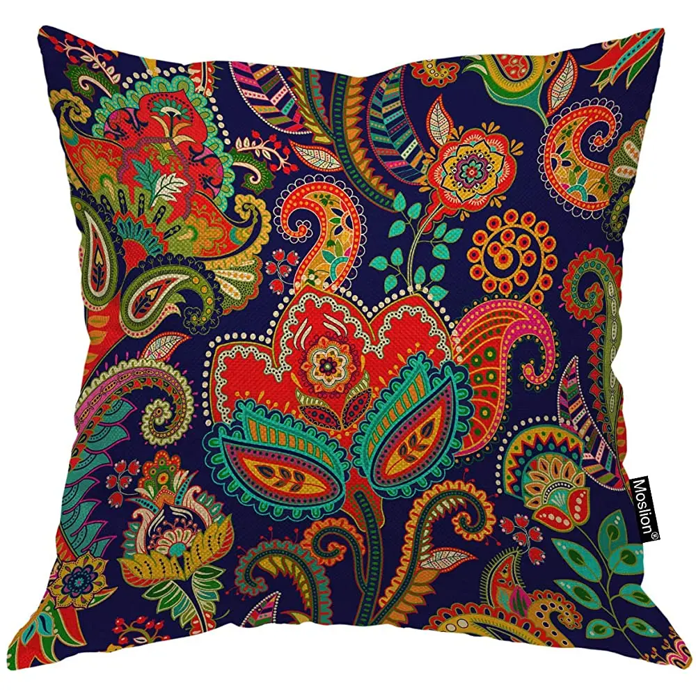 

Moslion Paisley 18x18 Inch Pillow Case Floral Ethnic Bohemian Flower Leaves Colorful Decorative Throw Pillow Cover Square