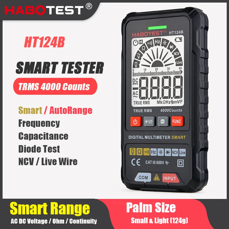 HT124B Smart Multimeter Digital True RMS NCV Voltage Meter 600V AC DC Hz Ohm Capacitor Diode Live Wire Tester HABOTEST | Инструменты