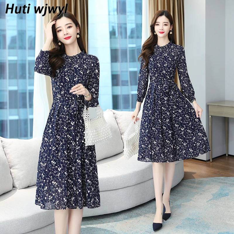 

Korean Elegant Floral Chiffon Dress 2022 Autumn Winter Vintage Long Sleeve Midi Dress 5XL Plus Size Women Bodycon Party Vestidos