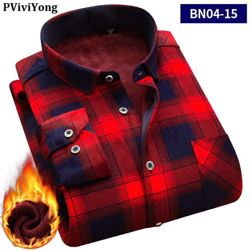 Мужская теплая рубашка PViviYong бархатная утепленная в клетку с принтом и длинным