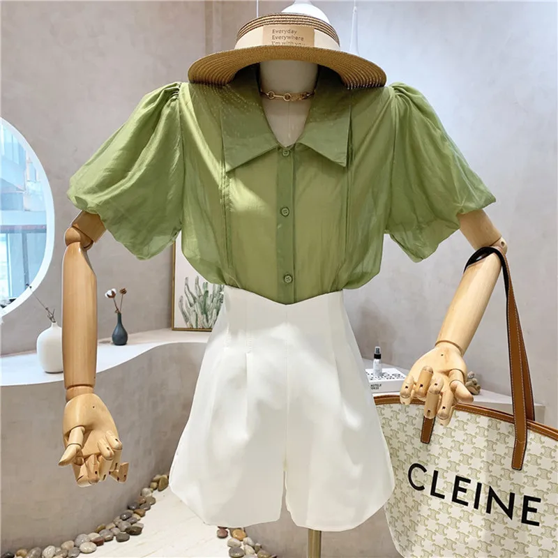 

Niche Design New Women's Clothing 2021 Puff Sleeve Thin Sunscreen Shirt + High Waist Wide Leg Casual Shorts Pants Two Piece Set