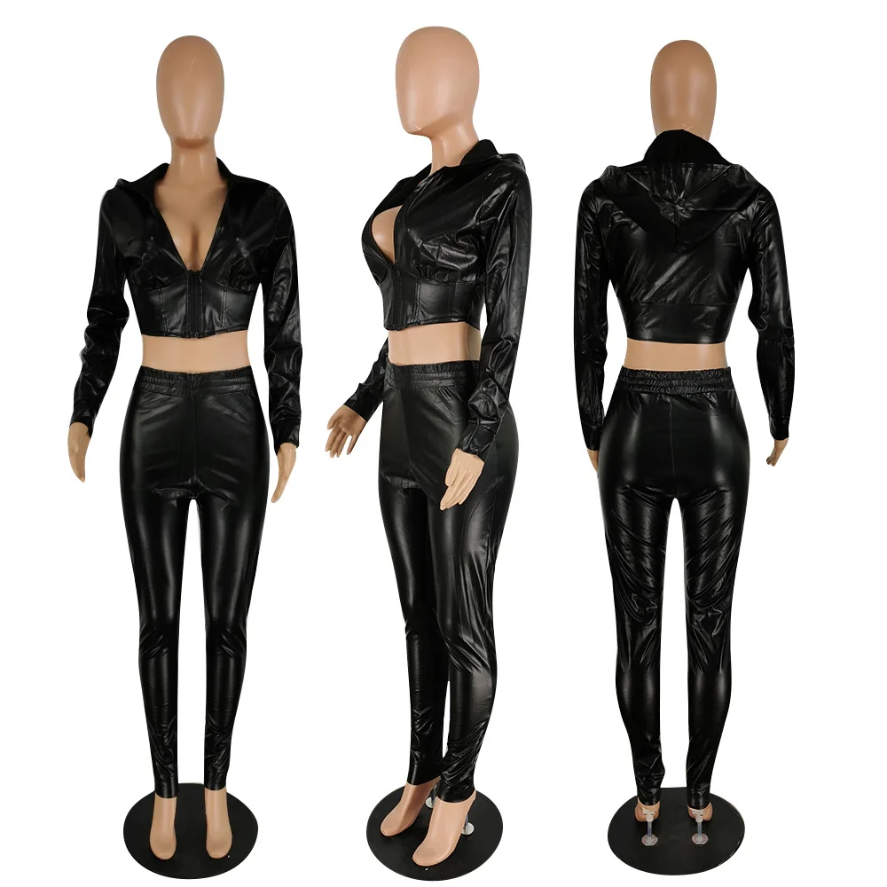 

European new sexy solid color nightclub two piece suit, fashionable slim V-neck zipper coat and pants women's suit
