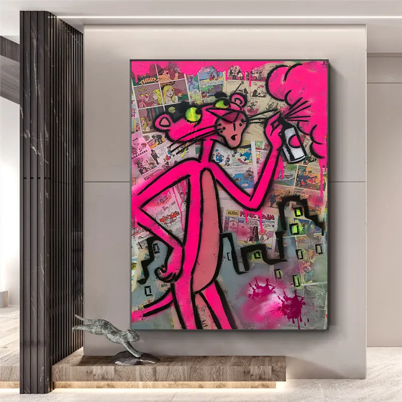 

Graffitti Street Art Pink Leopard Animal Pop Cartoon Canvas Poster and Prints Wall Spray Can Panther Picture Painting Home Decor