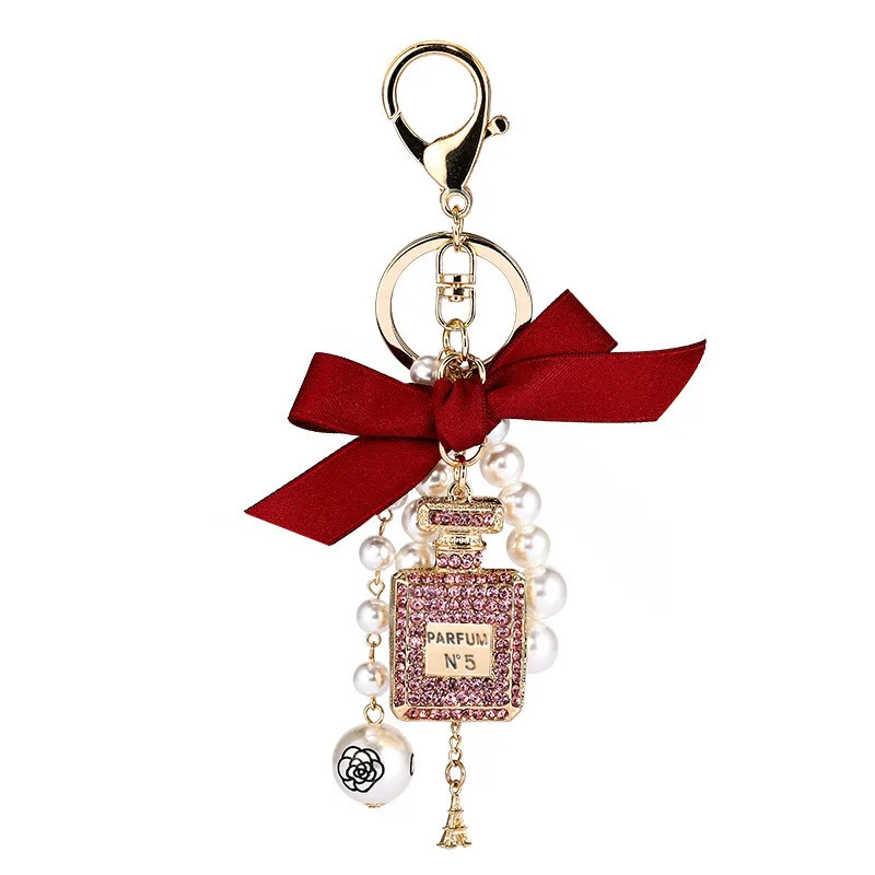 Imitation Pearl Perfume Bottle Keychain - Car Key Ring Holder, Bag Charm Pendant, Bow Fashion Keyring Accessories image 2