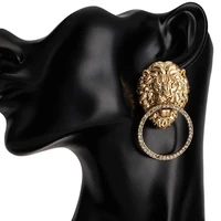 retro alloy metal gold lion head drop stud earrings jewelry for women hip hop rhinestone round hoop pendant dangle earrings