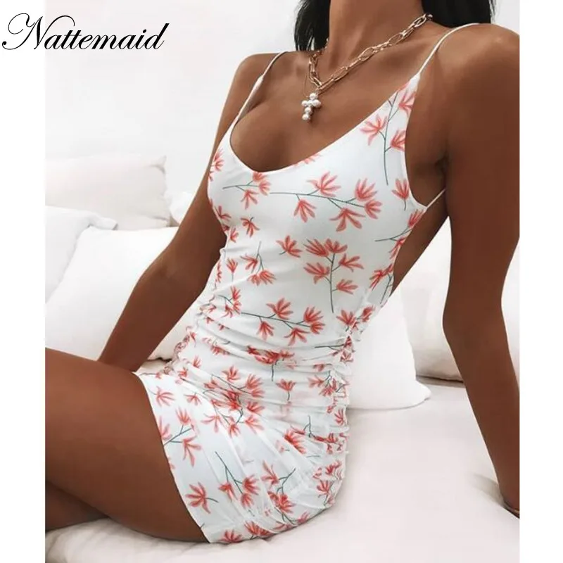 Joyfunear Ruched Цветочный принт летнее платье женские спагетти ремень Эластичный Bodycon