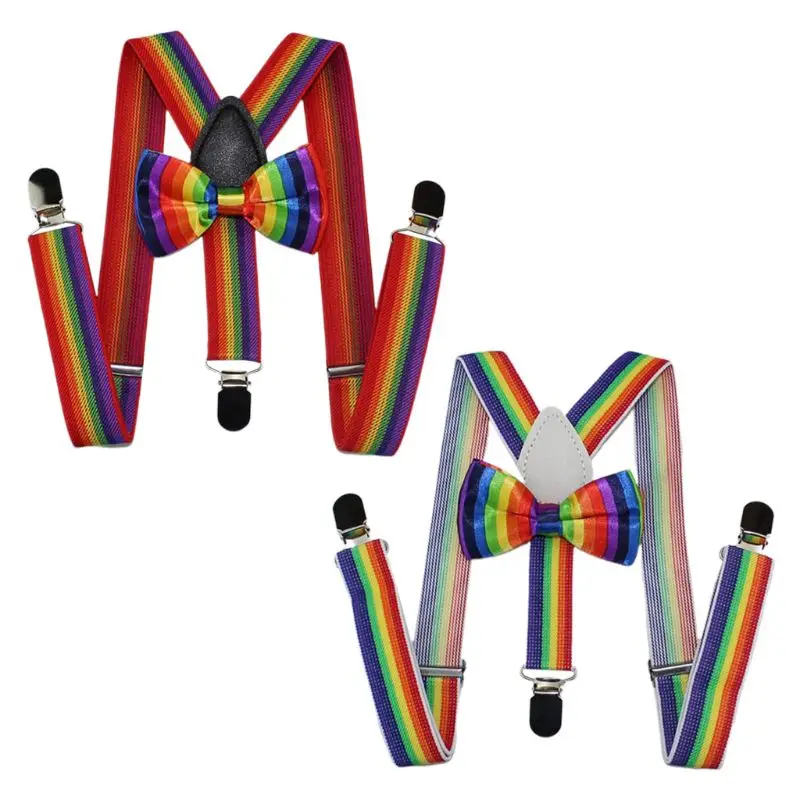 

2 Pcs/set Cute Fashion Kids Bow Tie Strap Clip Set Rainbow Striped Leading Knot Children Bib Pants Accessories for Boys Girls