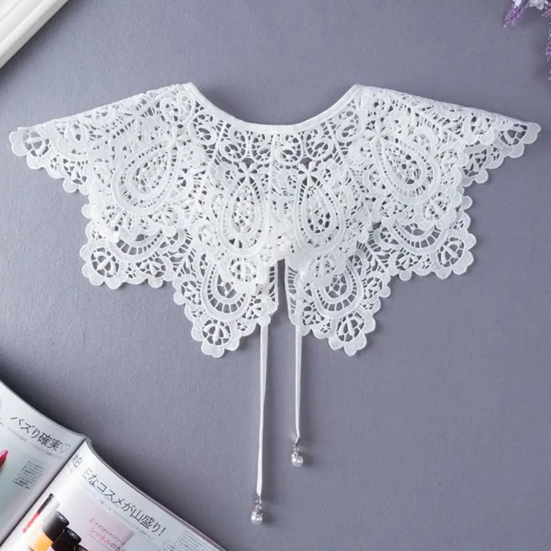 

Vintage Palace Style Womens Doll False Fake Collar Hollow Out Crochet Lace Half Shirt Necklace Shawl with Imitation Pearl Bowtie